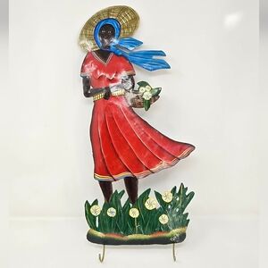Vintage metal hand painted Haitian woman flower basket wall hanging w/hooks